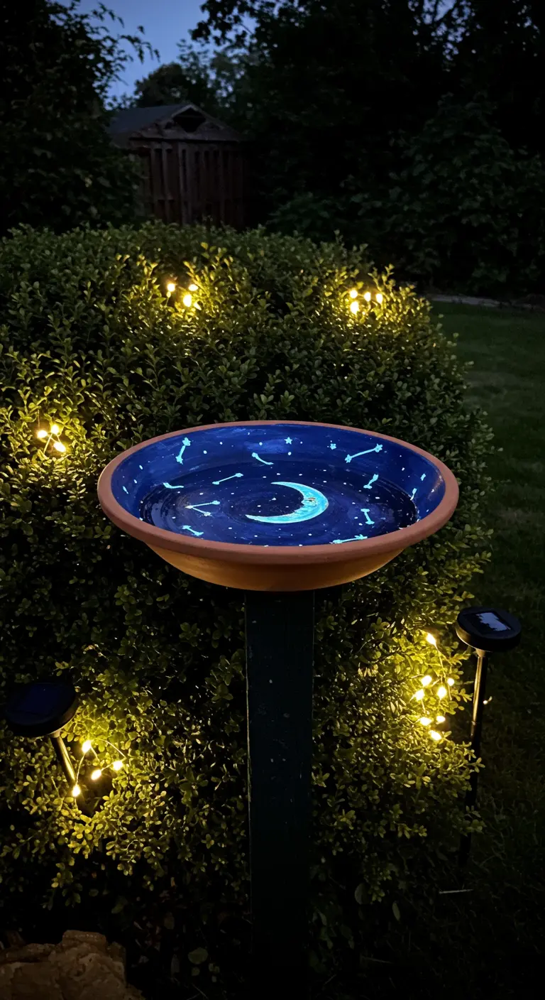 A birdbath painted with a night sky theme that glows in the dark, surrounded by fairy lights.