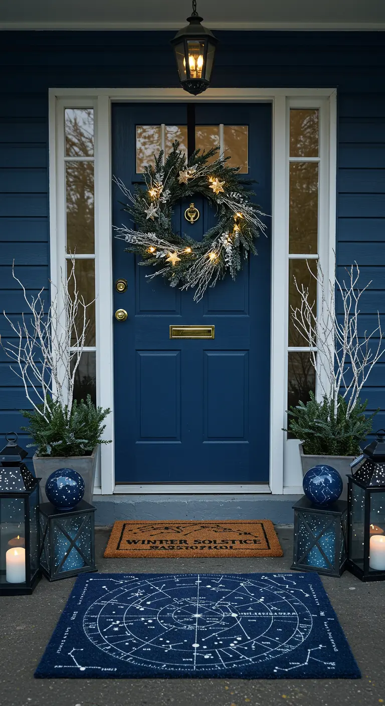 Blue door with a starry wreath, constellation rug, and lanterns for winter solstice.