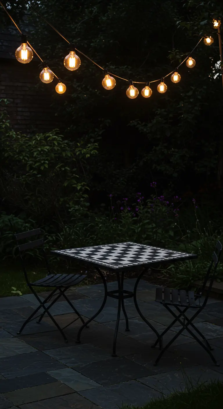 Black and white checkered mosaic table under string lights in a garden at night.