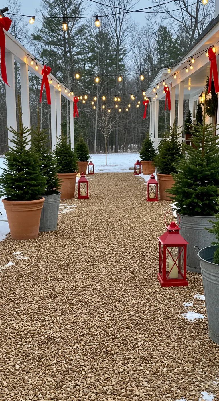 A gravel walkway between porches lined with small firs, red lanterns, and red bows.