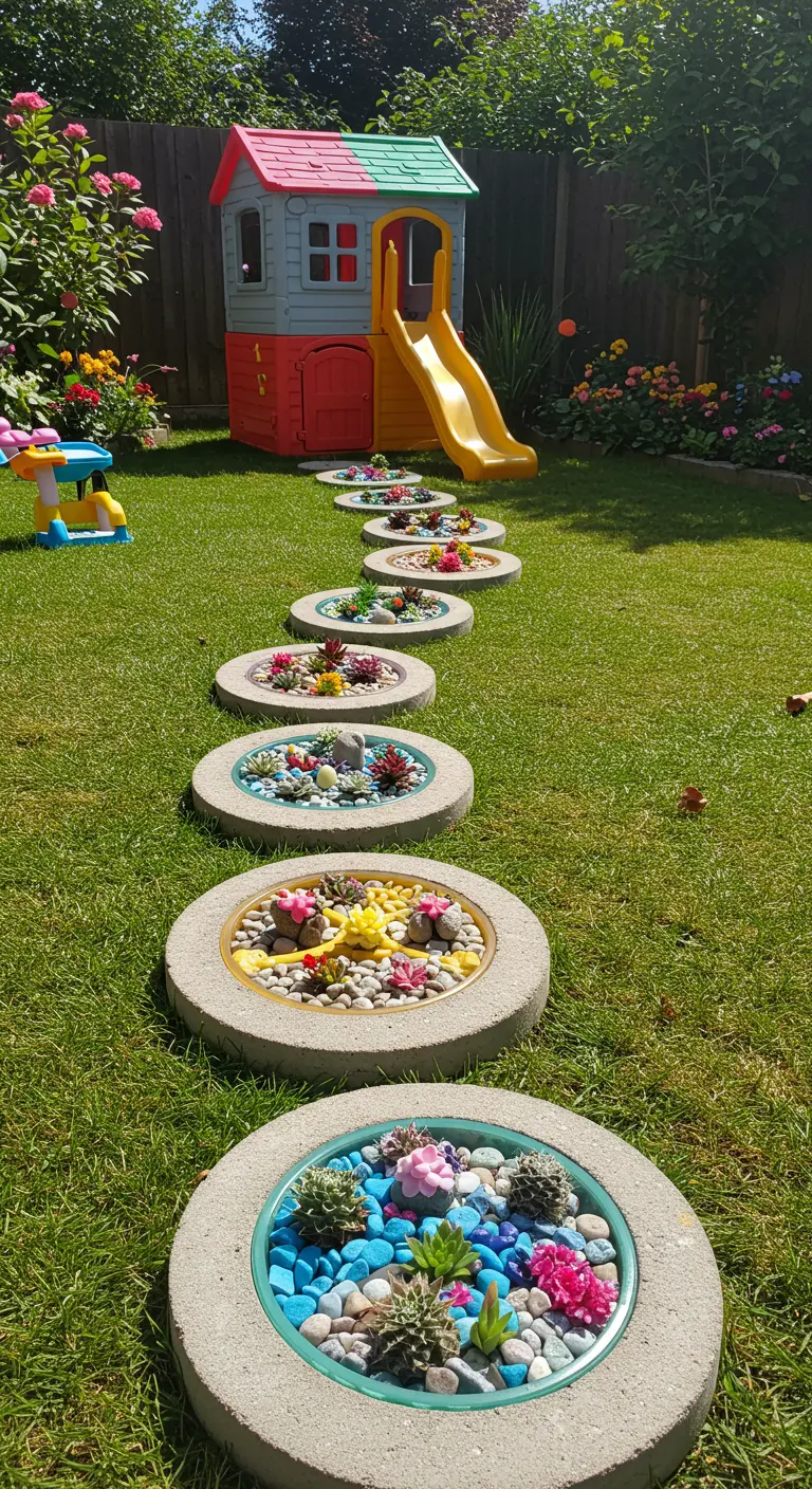 A path of round concrete stepping stones filled with colorful rocks and faux succulents.