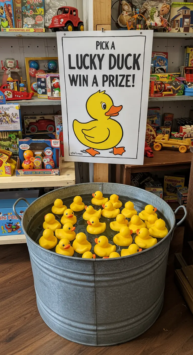 A galvanized tub filled with water and yellow rubber ducks for a carnival game.