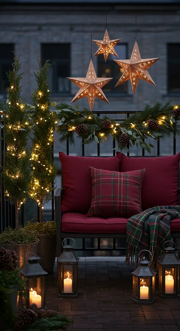 Festive balcony with a bench, plaid cushions, and glowing copper star lanterns.