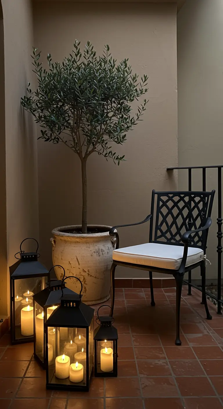A black metal chair and potted olive tree illuminated by a cluster of black lanterns.