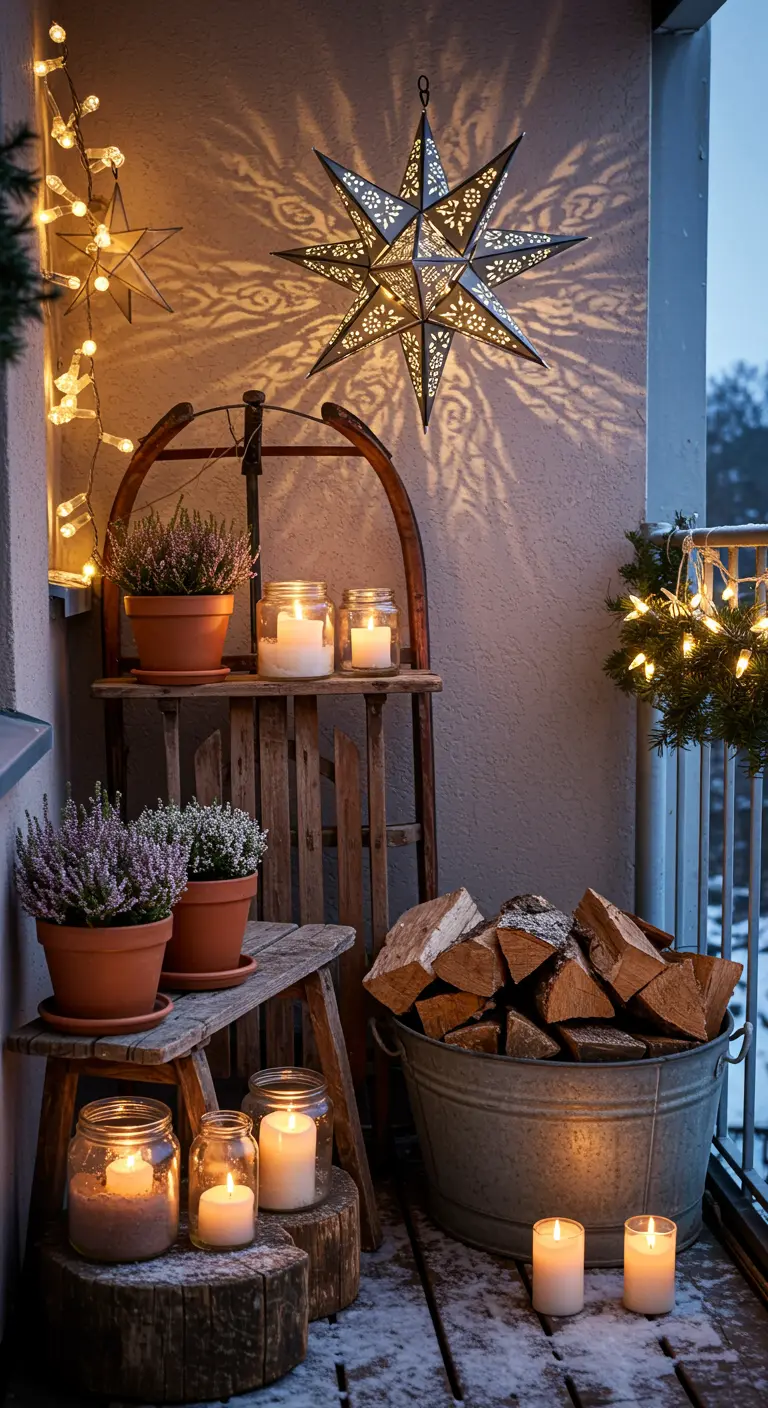 Cozy balcony corner with tiered sleds, lanterns, a star light, and potted heather.