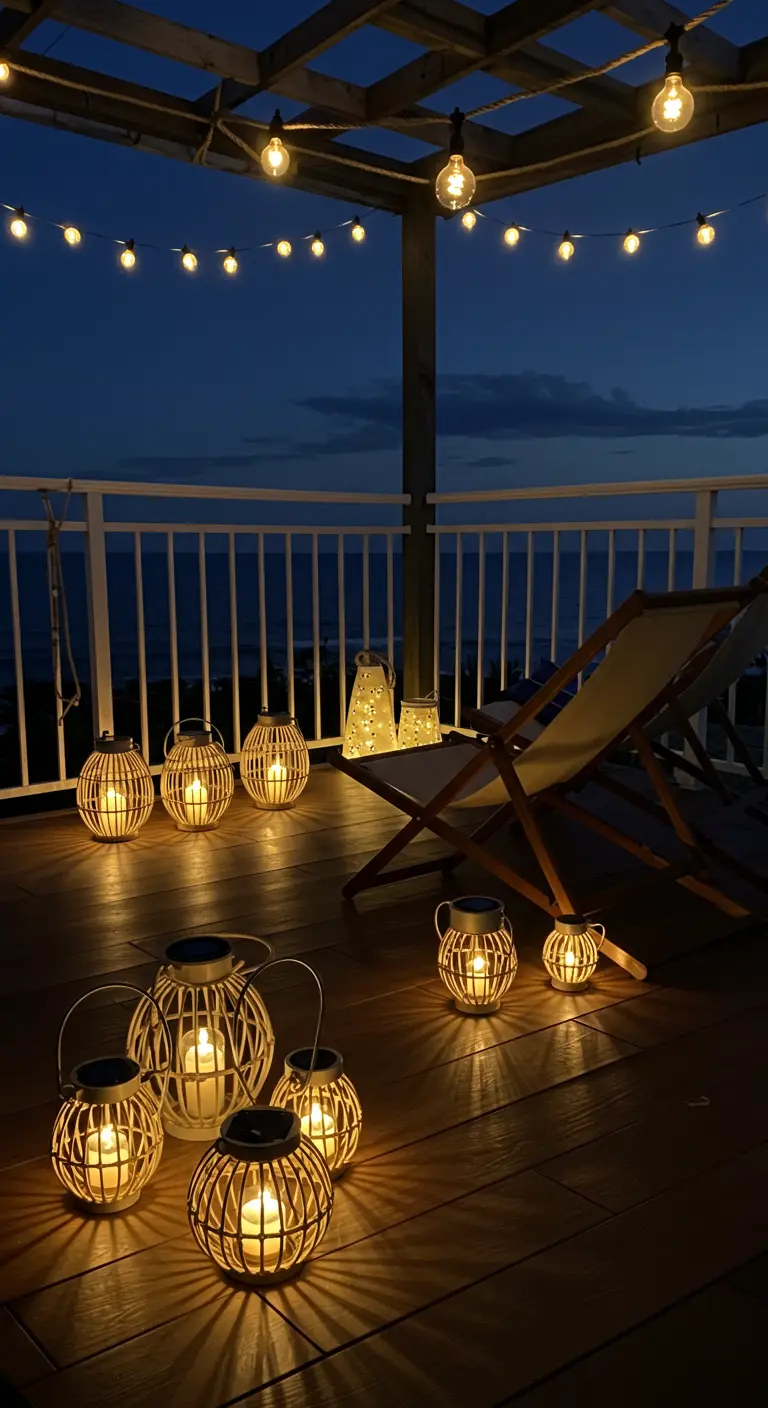 A balcony at night filled with many glowing solar-powered lanterns of various sizes.