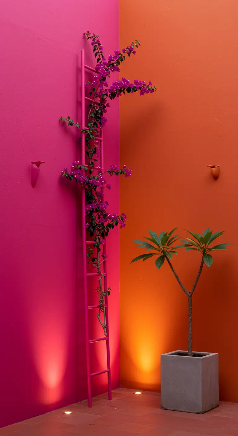 A modern patio corner with vibrant pink and orange walls and a pink ladder for a vine.