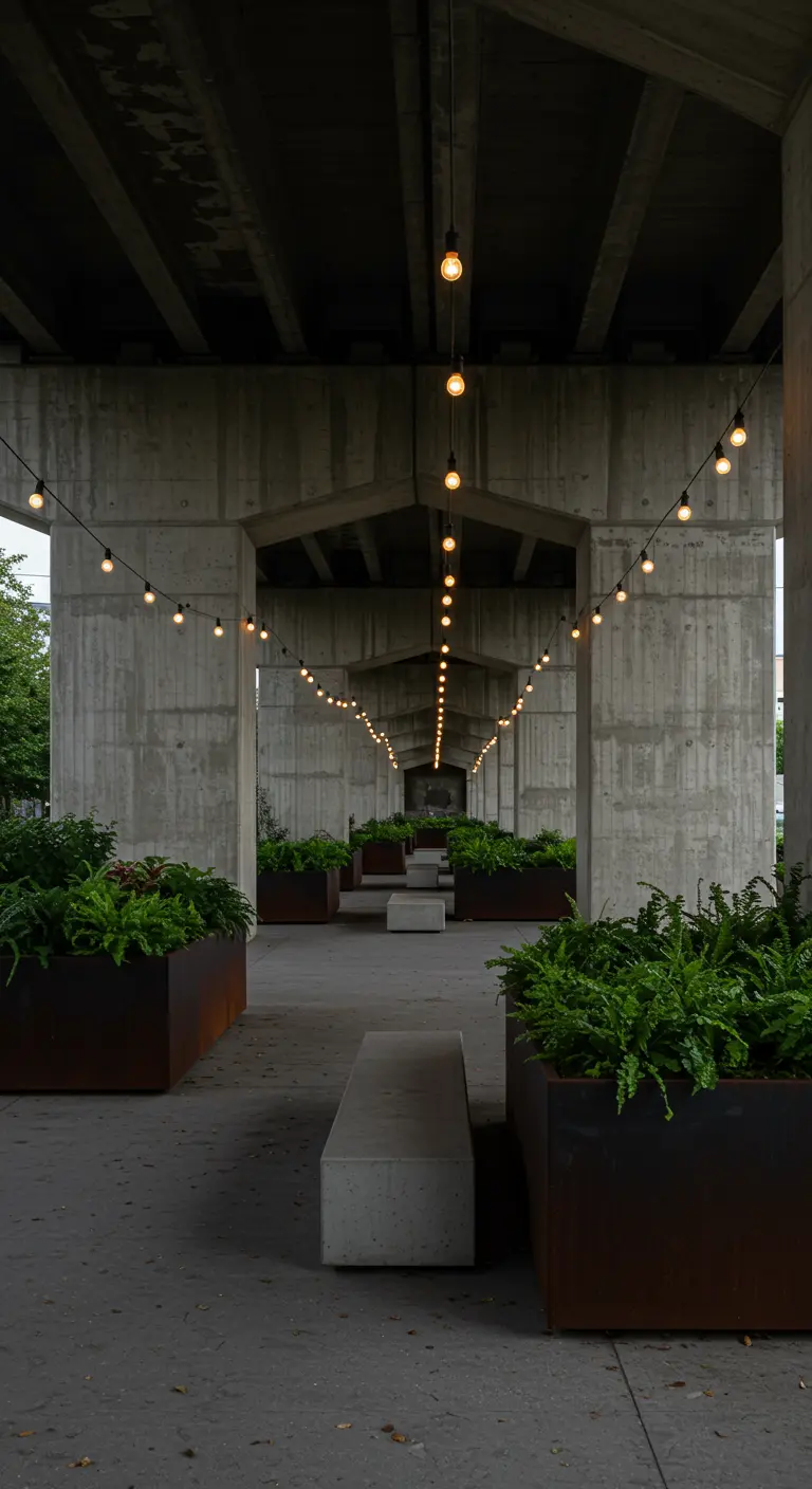 A long, covered concrete walkway lined with planters and lit by string lights.