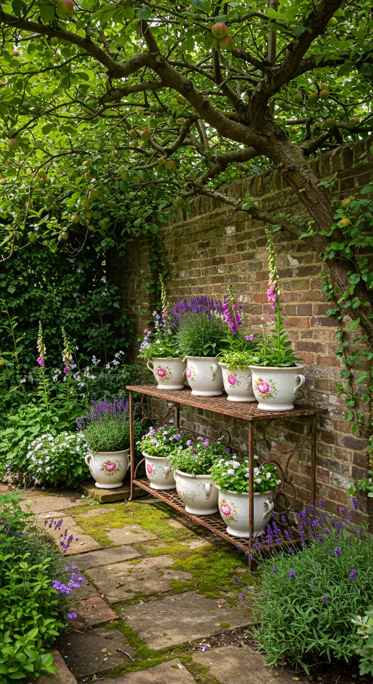 A two-tiered wrought iron stand with vintage floral planters in a lush cottage garden.