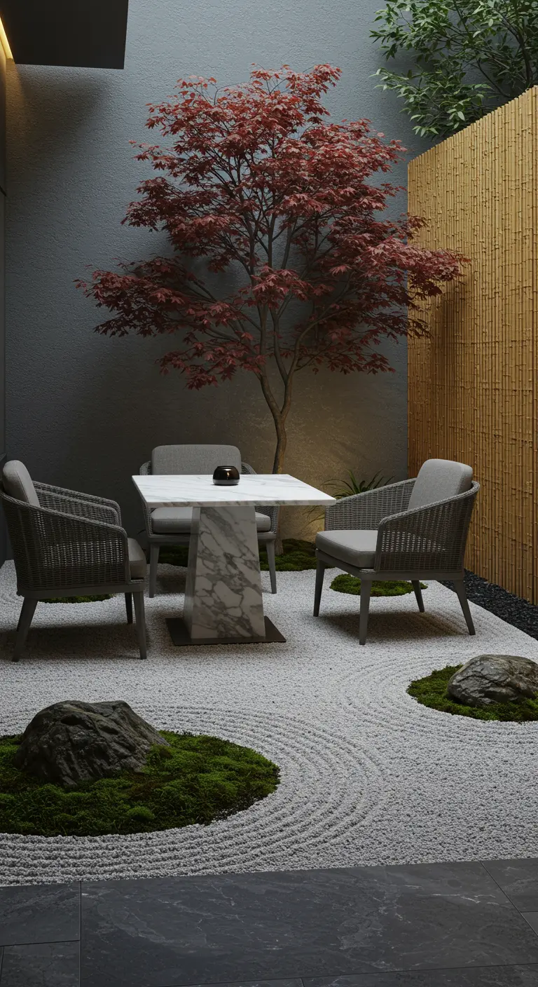A minimalist Zen garden with a marble table, wicker chairs, and a red maple tree.