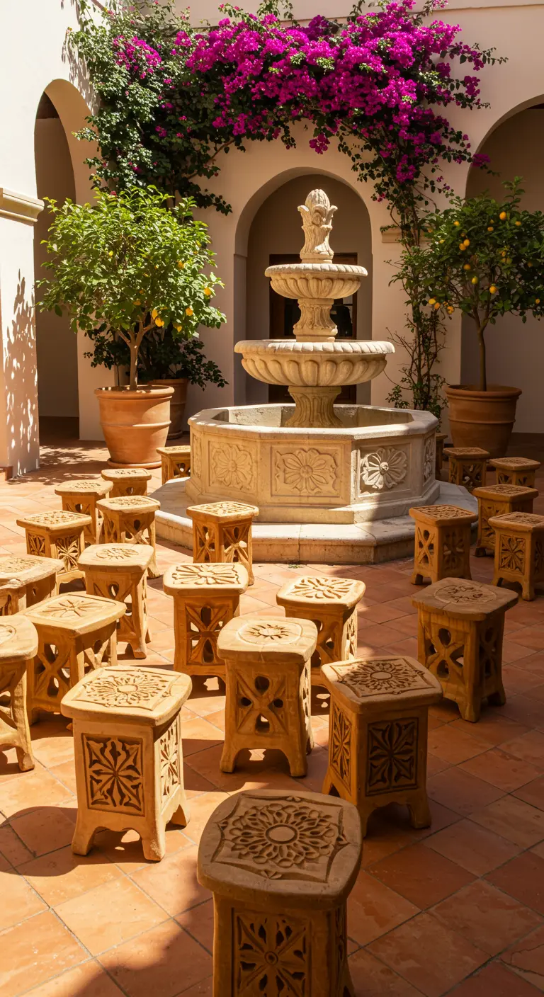 Ornately carved wooden stools in a sunny terracotta courtyard with a tiered fountain.
