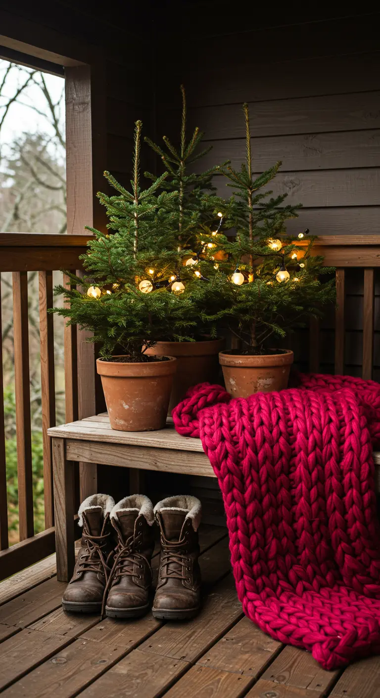 Three small potted trees on a bench with a chunky magenta knit blanket.