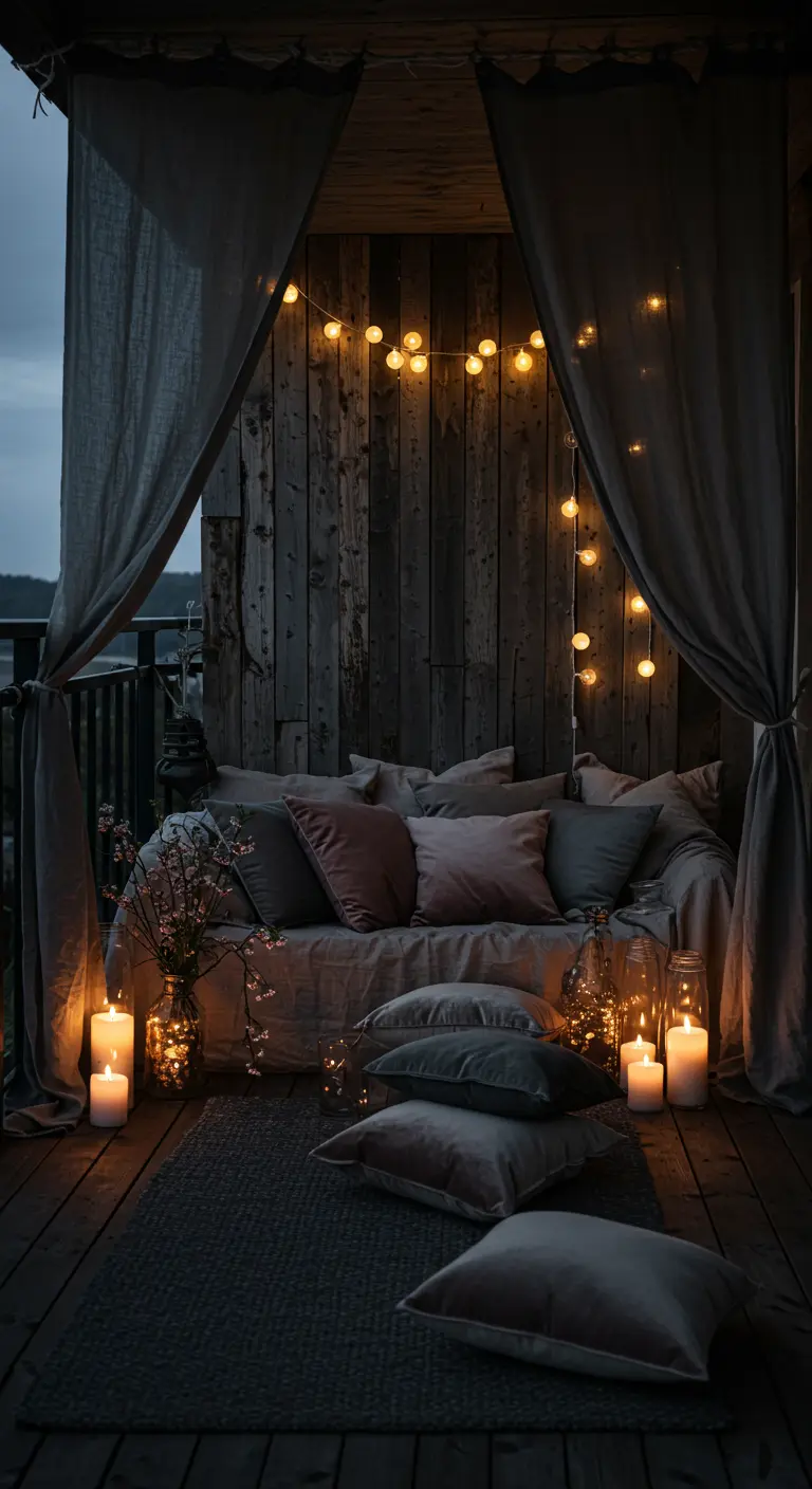 A moody balcony at night, enclosed with dark drapes and lit by candles and string lights.