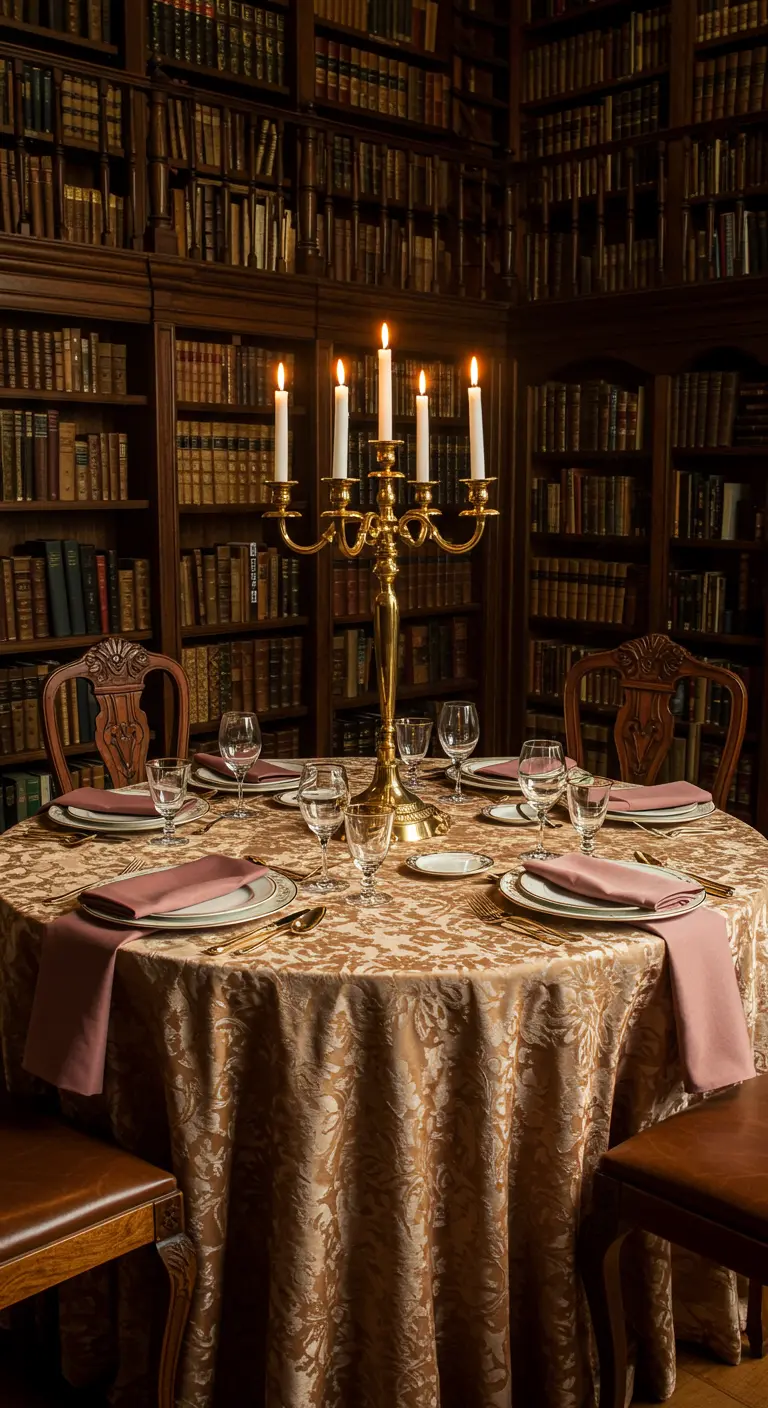 An intimate round dining table set in a library with a large gold candelabra.