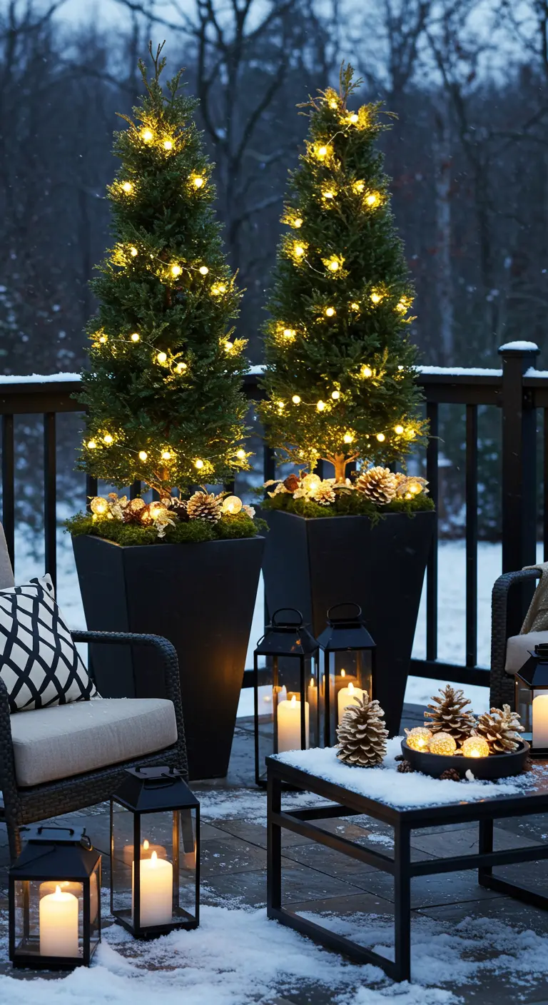 A cozy, illuminated patio with modern planters, chairs, and lanterns filled with candles.