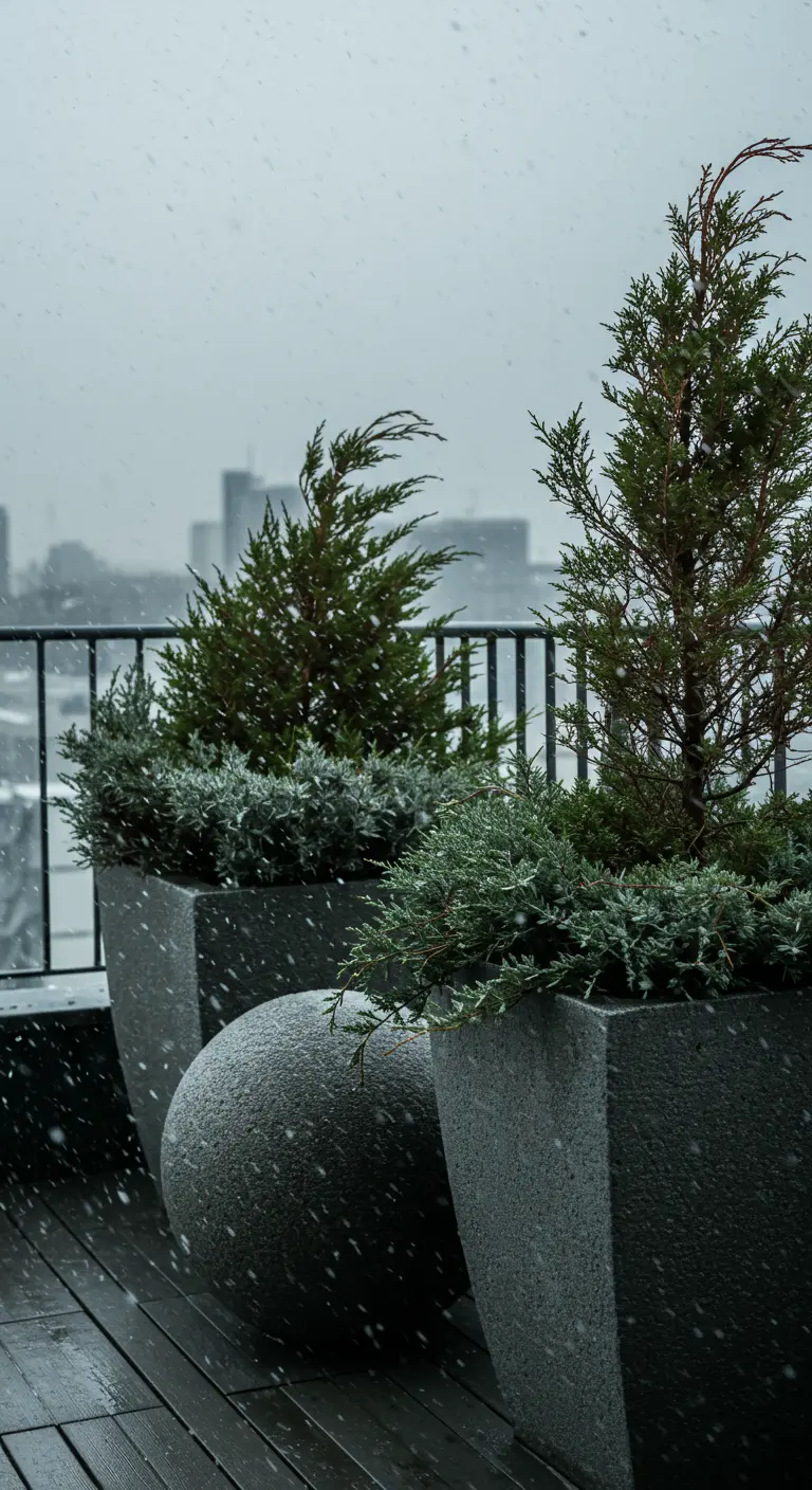 Modern tapered granite planters and a stone sphere on a dark wood balcony in the snow.
