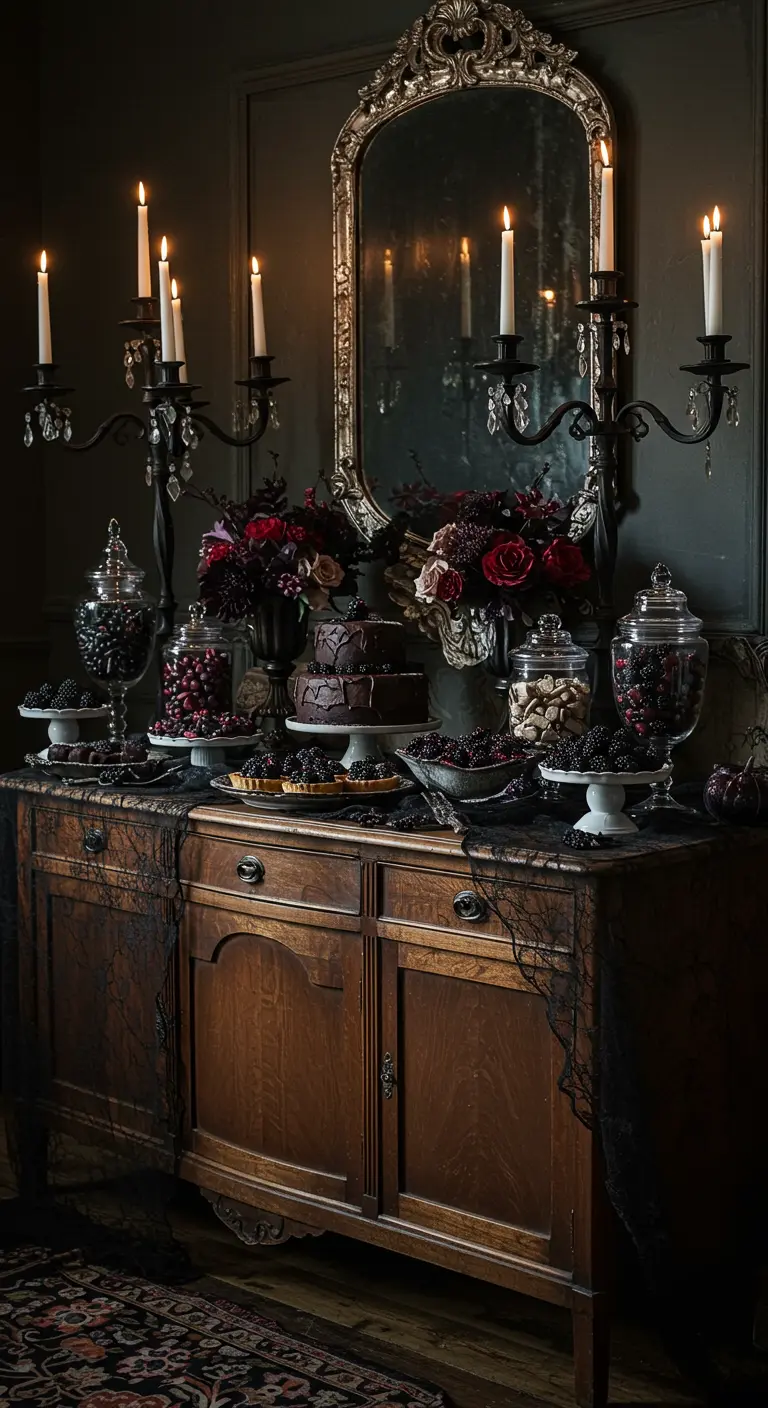 A moody dessert buffet on a wooden sideboard with apothecary jars of dark berries and candy.
