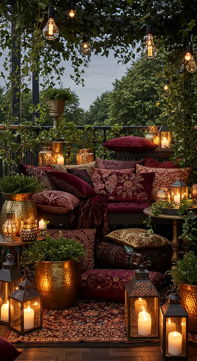 A lush, decadent balcony at night filled with burgundy velvet cushions, brass pots, and many candles.