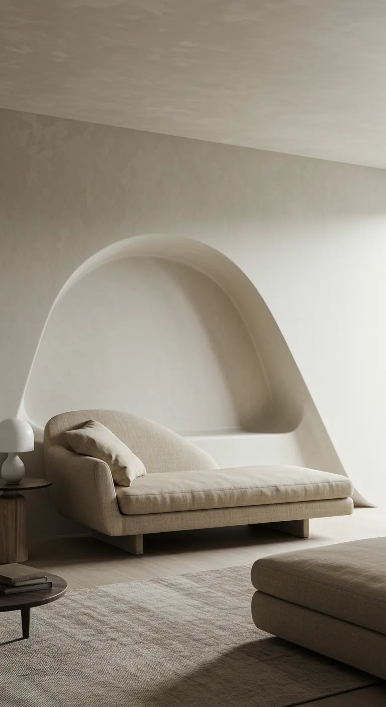 A sculptural chaise lounge sits in a minimalist room with a large, curved architectural wall niche.