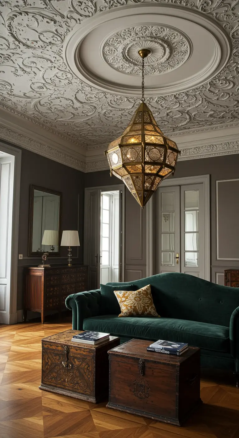 A classic Parisian-style apartment with a large, ornate Moroccan lantern hanging from the ceiling.