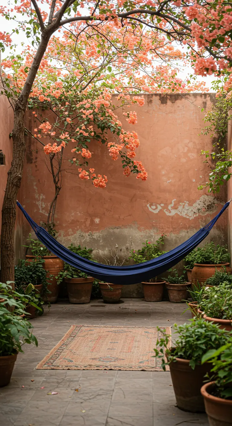 A navy blue hammock in a courtyard with a weathered salmon-pink wall and terracotta pots.