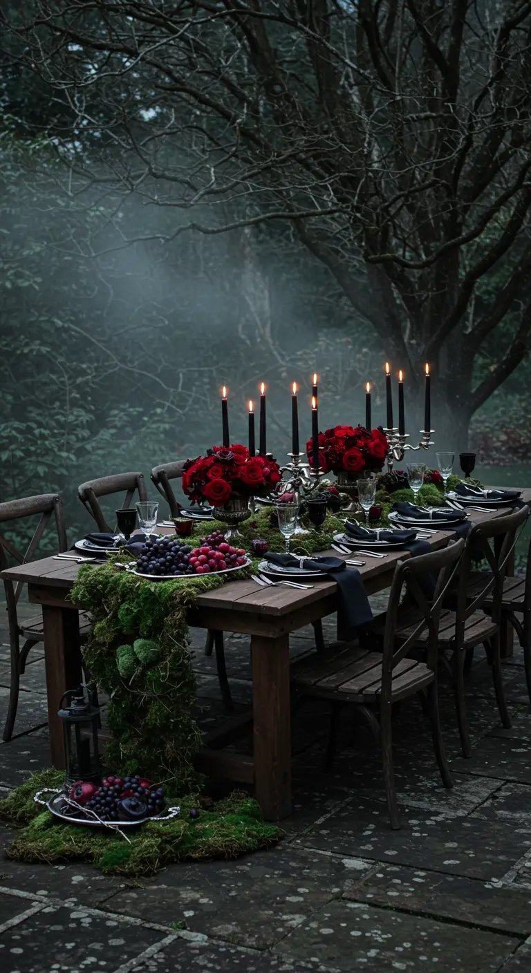 Outdoor Halloween table in a foggy forest with a moss runner and dark fruits.