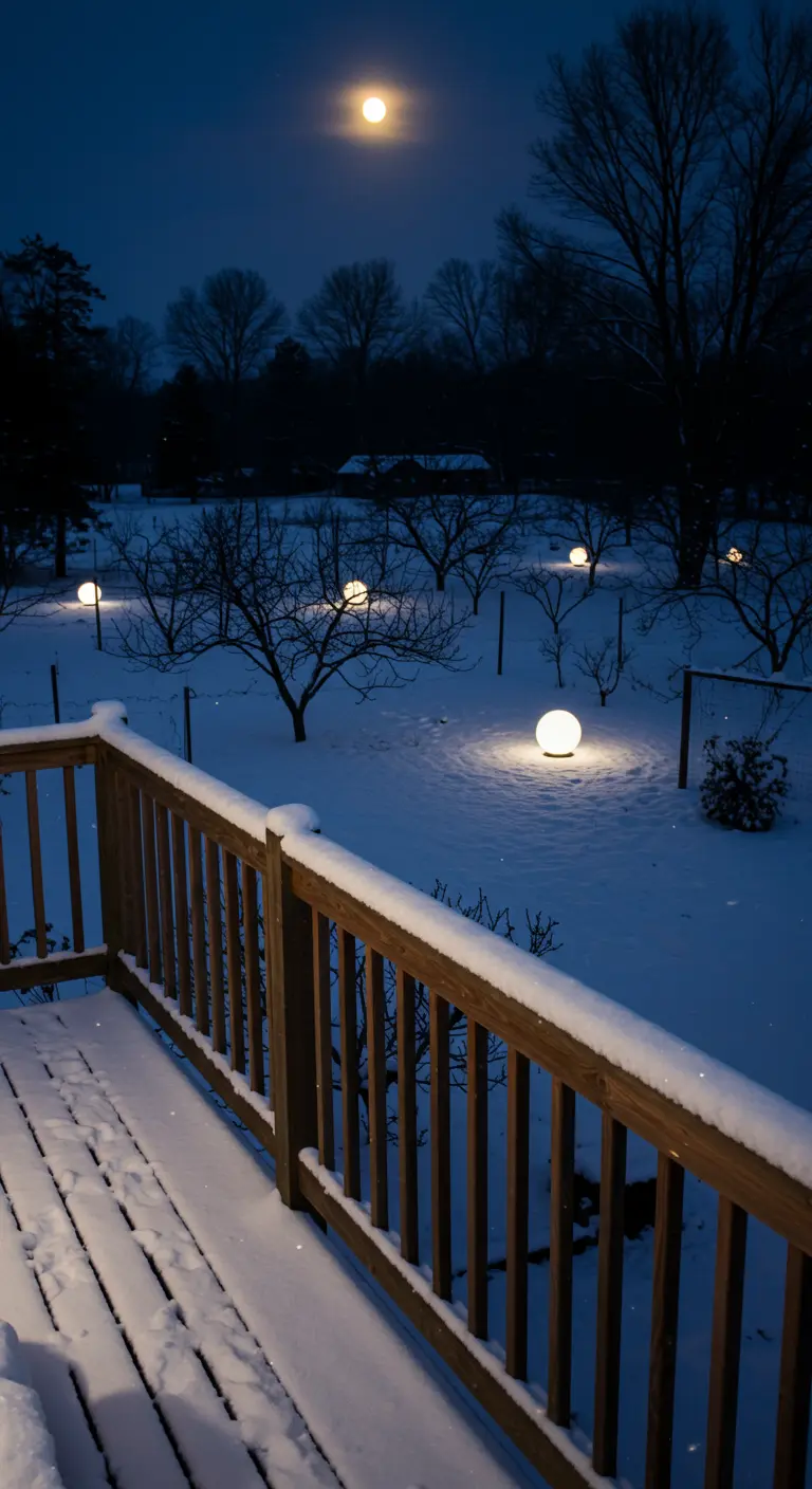 View from a wooden deck onto a snowy yard with glowing orbs scattered among trees.