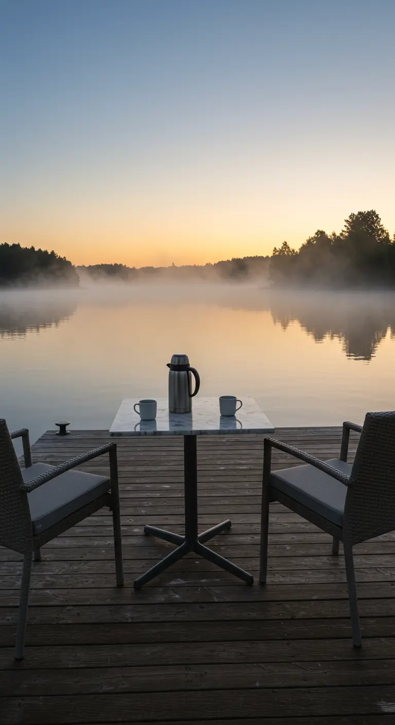 A marble bistro table and two chairs on a dock overlooking a misty lake at sunrise.