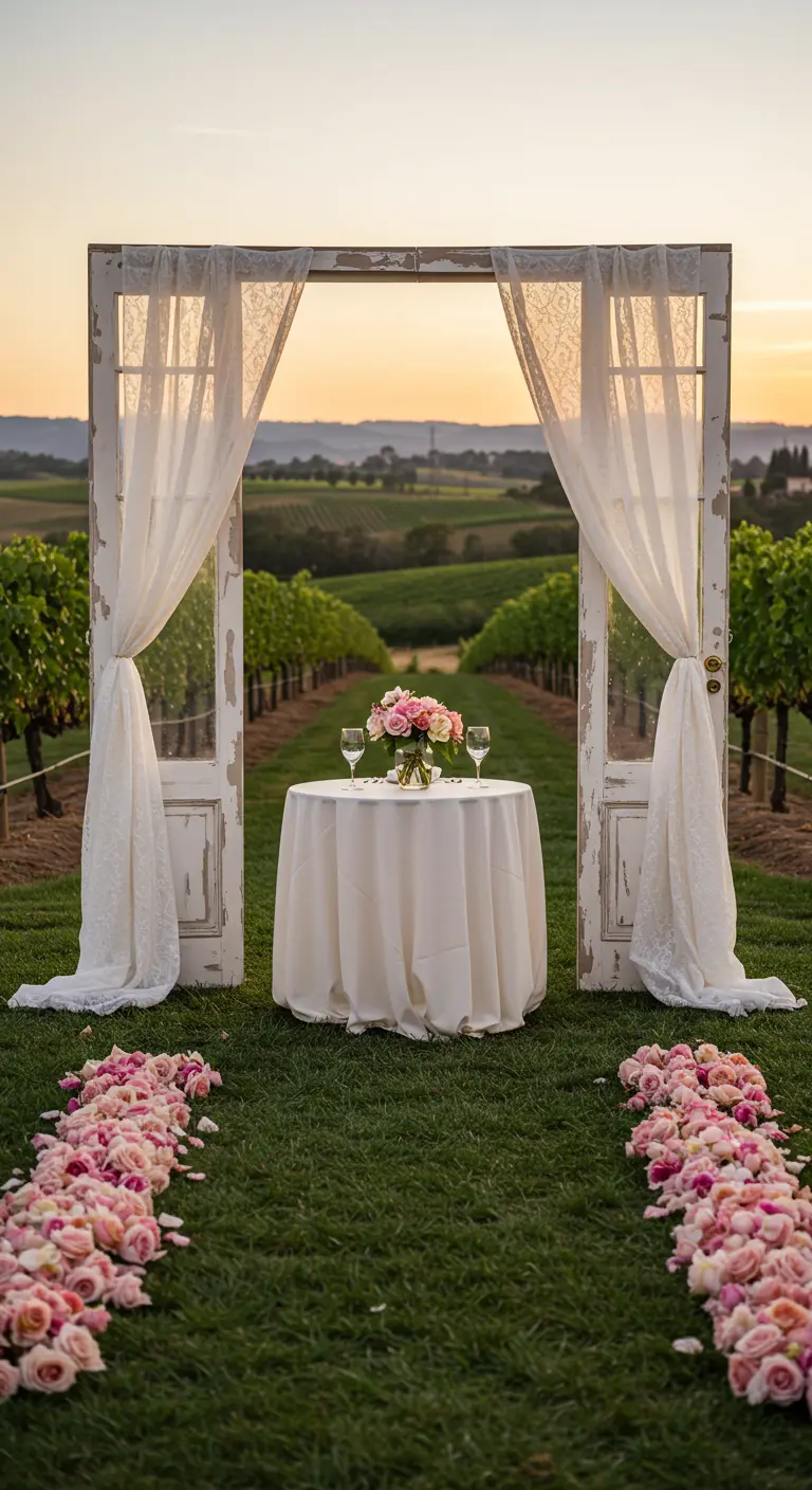 Wedding sweetheart table in a vineyard, framed by two vintage white doors with lace curtains.