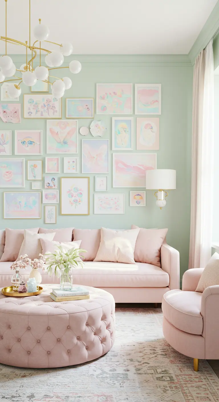 Pastel living room with mint walls, a pink sofa, and a gallery wall of soft-hued abstract art.