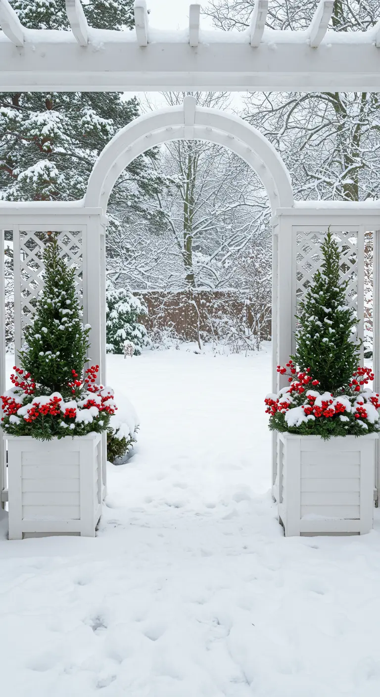 Two white planters with conical evergreens and red berries framing a snowy garden archway.