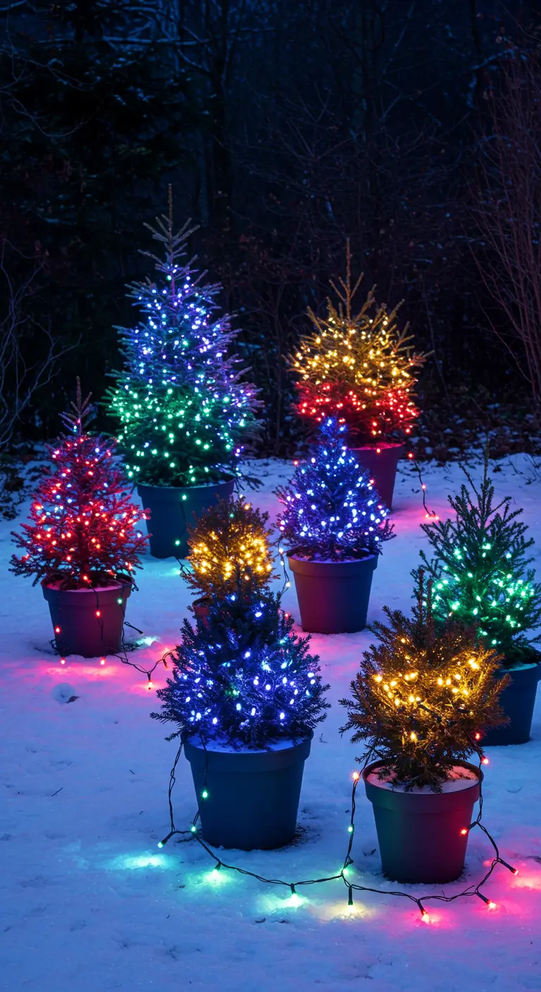 A cluster of small evergreen trees in pots, each illuminated with different colored lights in the snow.