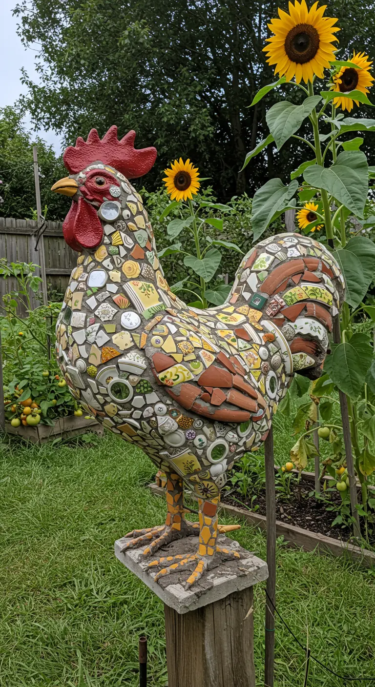 Mosaic rooster sculpture made from broken crockery, standing in a vegetable garden.