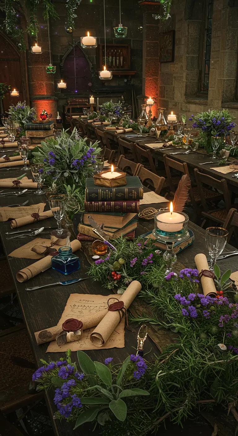 A long wooden table set for a feast with scrolls, candles on books, and herb garlands.