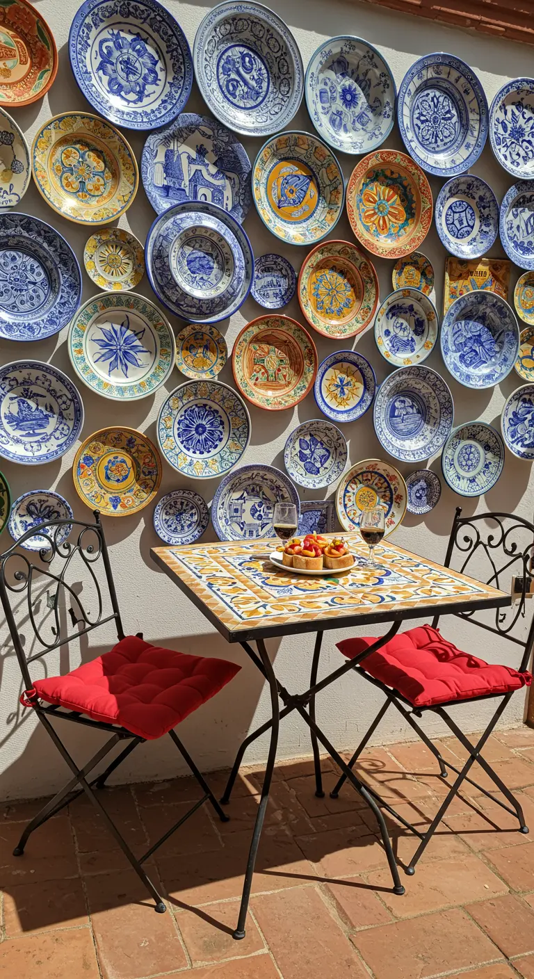 Mosaic bistro table with red cushions in front of a wall covered in colorful Spanish plates.