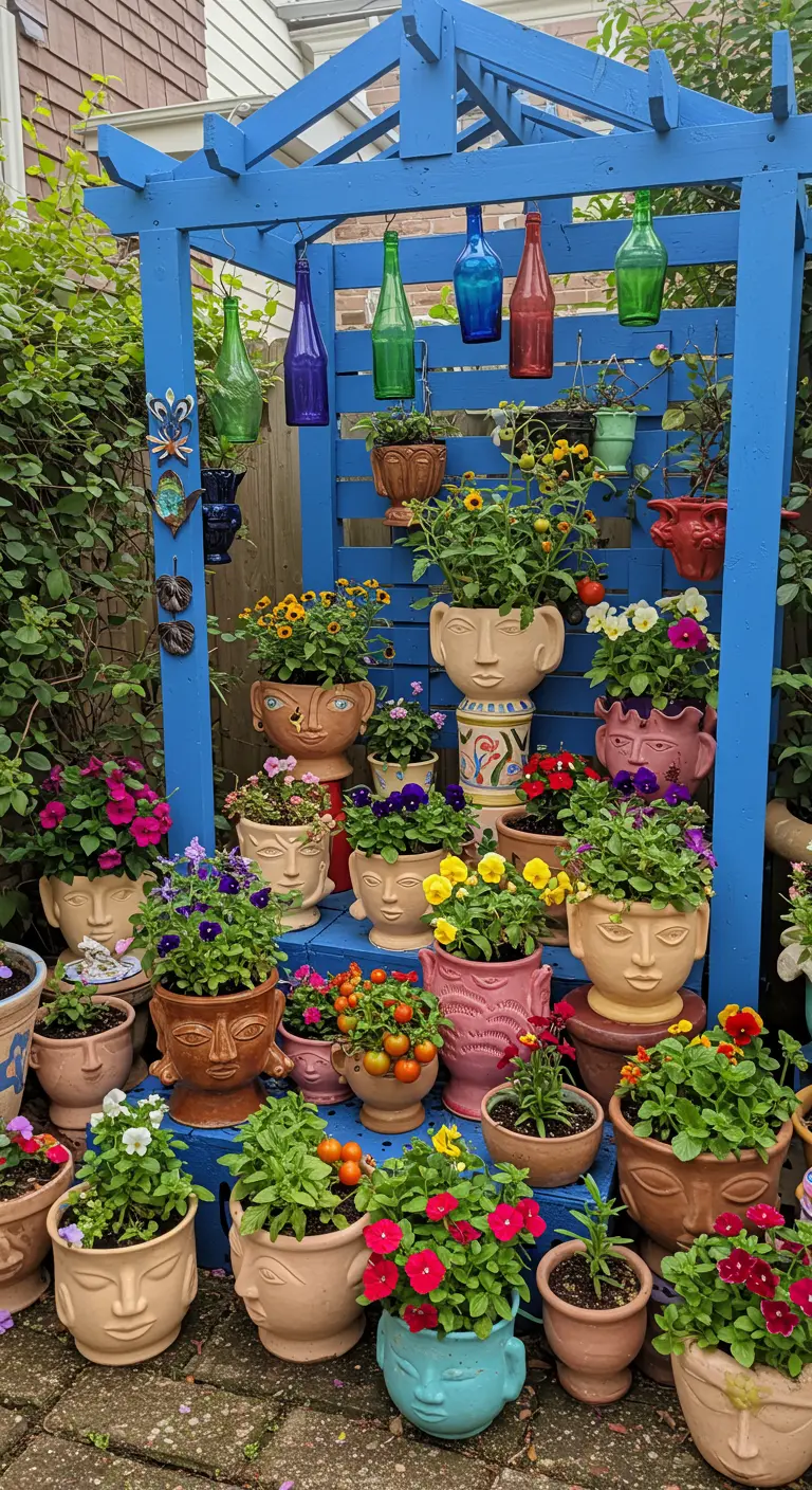 A bright blue wooden pergola used as a shelf to display a large collection of quirky face planters.