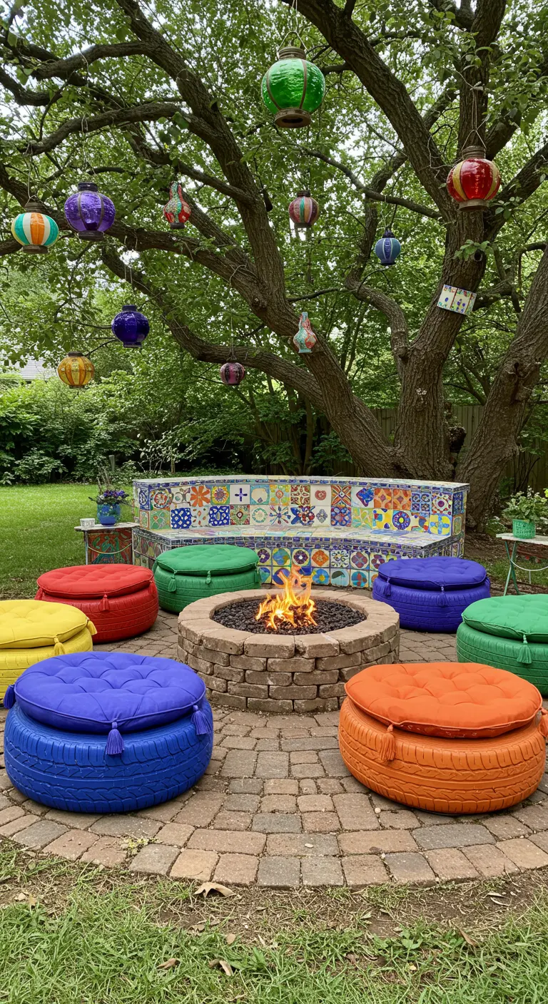 A vibrant fire pit scene with brightly colored tire seats and a mosaic tile bench.