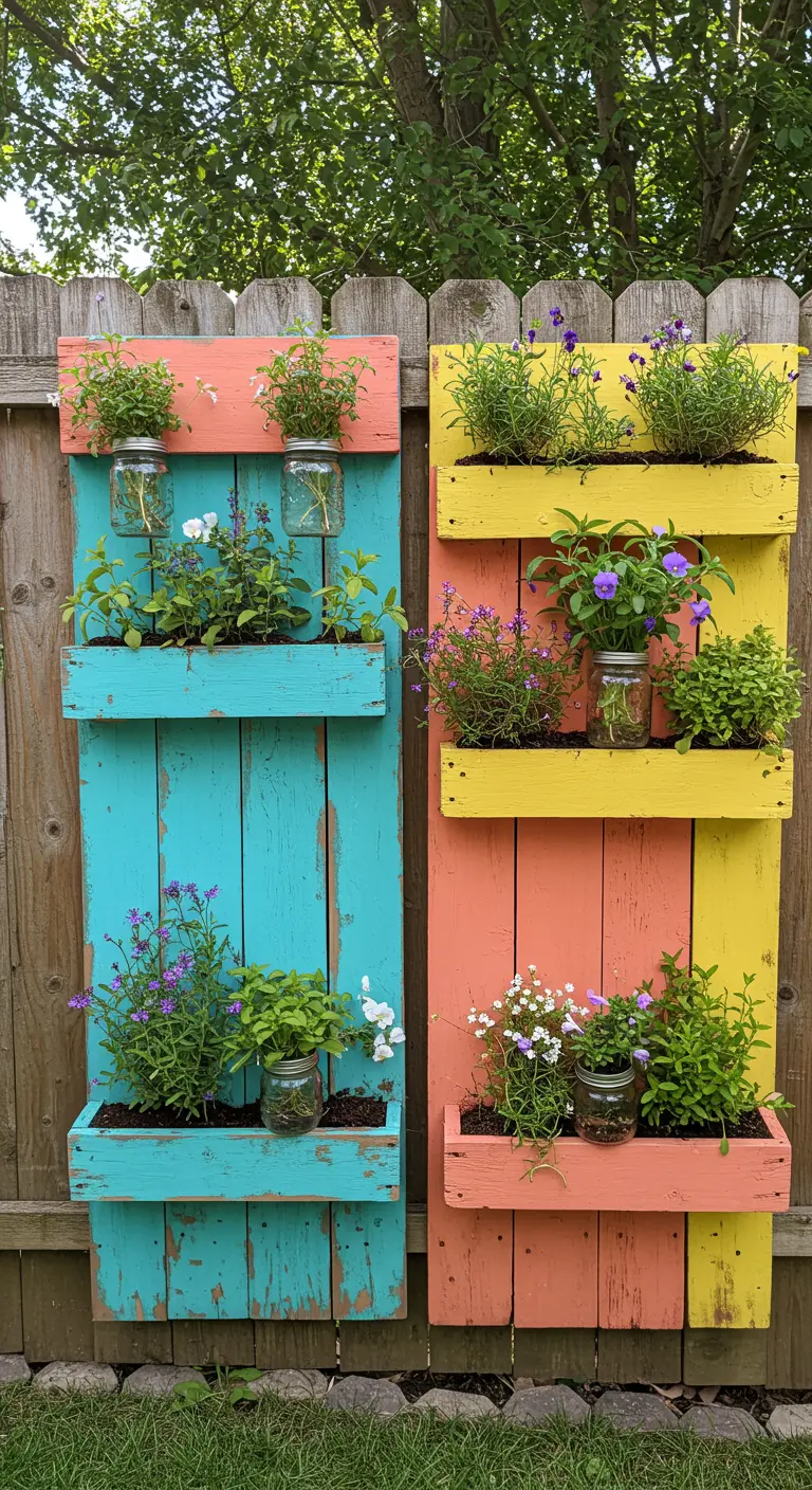 Two brightly painted pallets in turquoise, coral, and yellow hold herbs and flowers in jars and boxes.