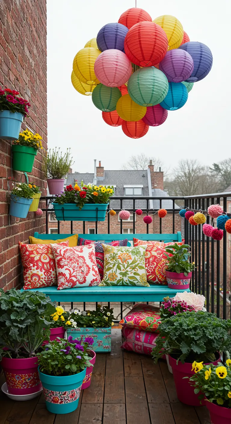 Colorful balcony with a turquoise bench, patterned cushions, and a cluster of paper lanterns.