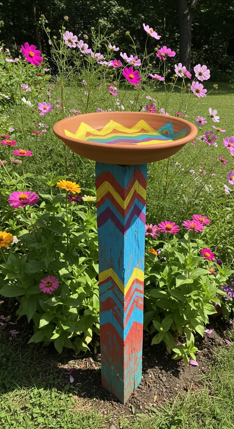 A brightly colored birdbath and post painted with chevron and zig-zag patterns among cosmos flowers.