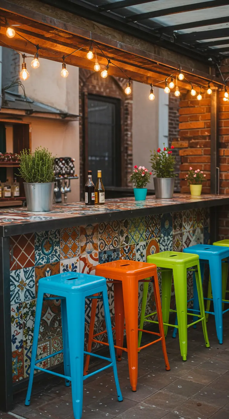 A bar decorated with colorful patterned tiles and vibrant, multi-colored stools.