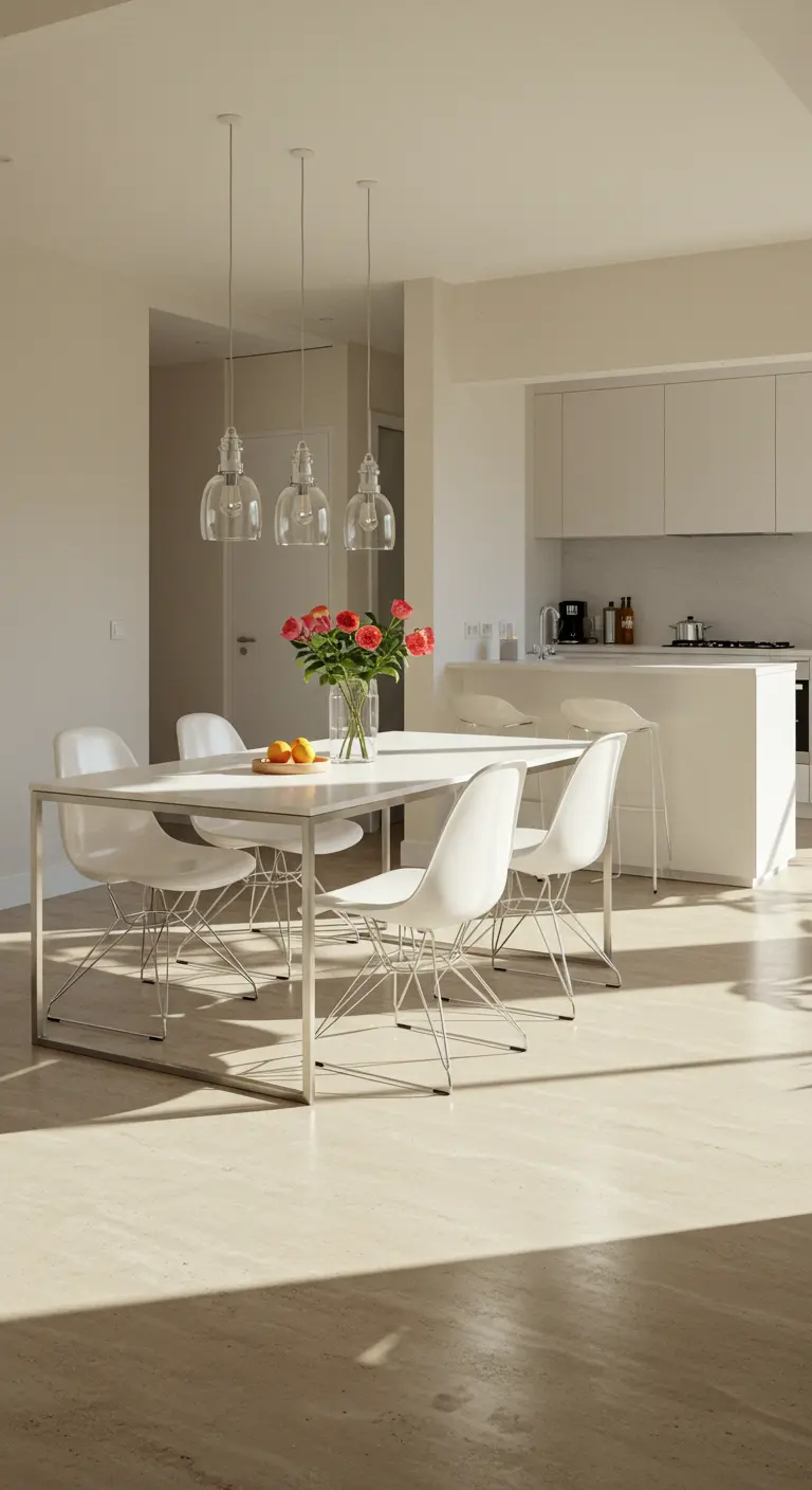 Sunlit white dining area with classic shell chairs and a vase of bright coral roses.