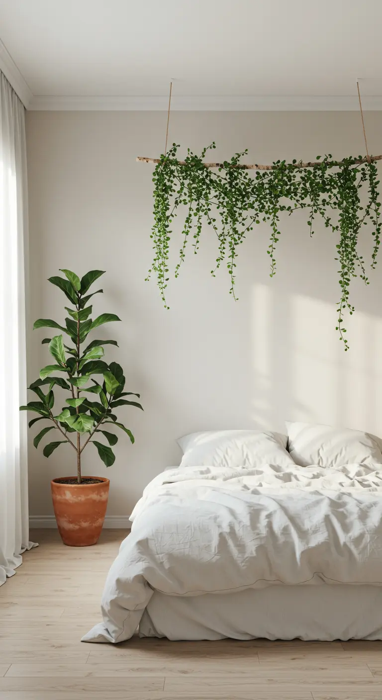 Minimalist bedroom with a branch hanging over the bed, draped with cascading vines.