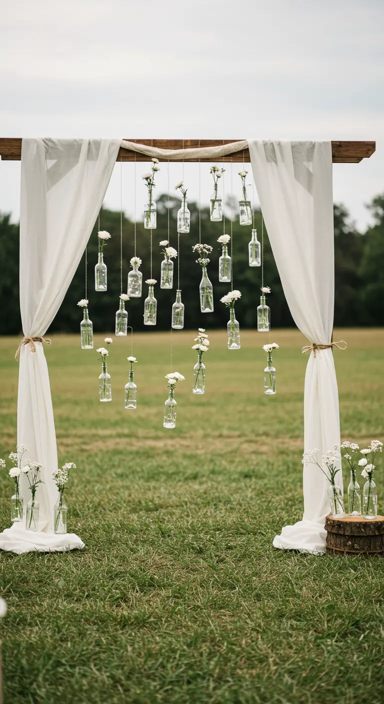 An outdoor wedding arch with hanging clear bottles, each holding a white flower.