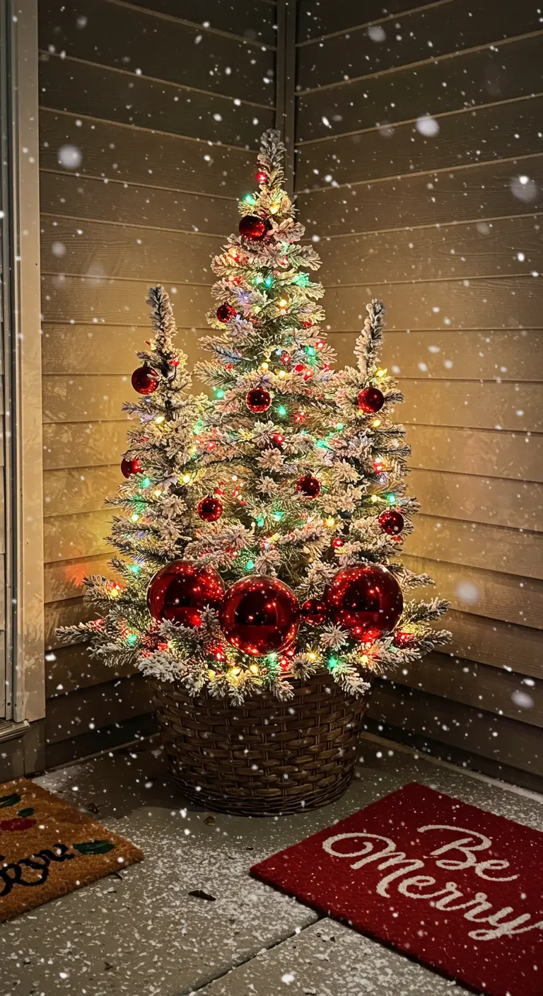 A snow-flocked mini tree in a basket, decorated with red baubles and multicolored lights.