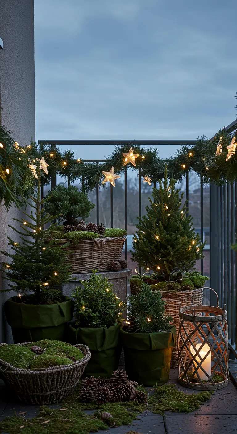A dense arrangement of small Christmas trees, moss, and pinecones on a balcony floor, lit with fairy lights.