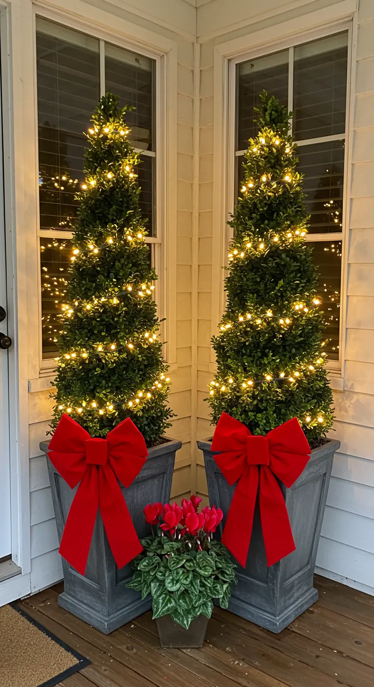 Two tall, lit boxwood topiaries in square planters with large red bows.