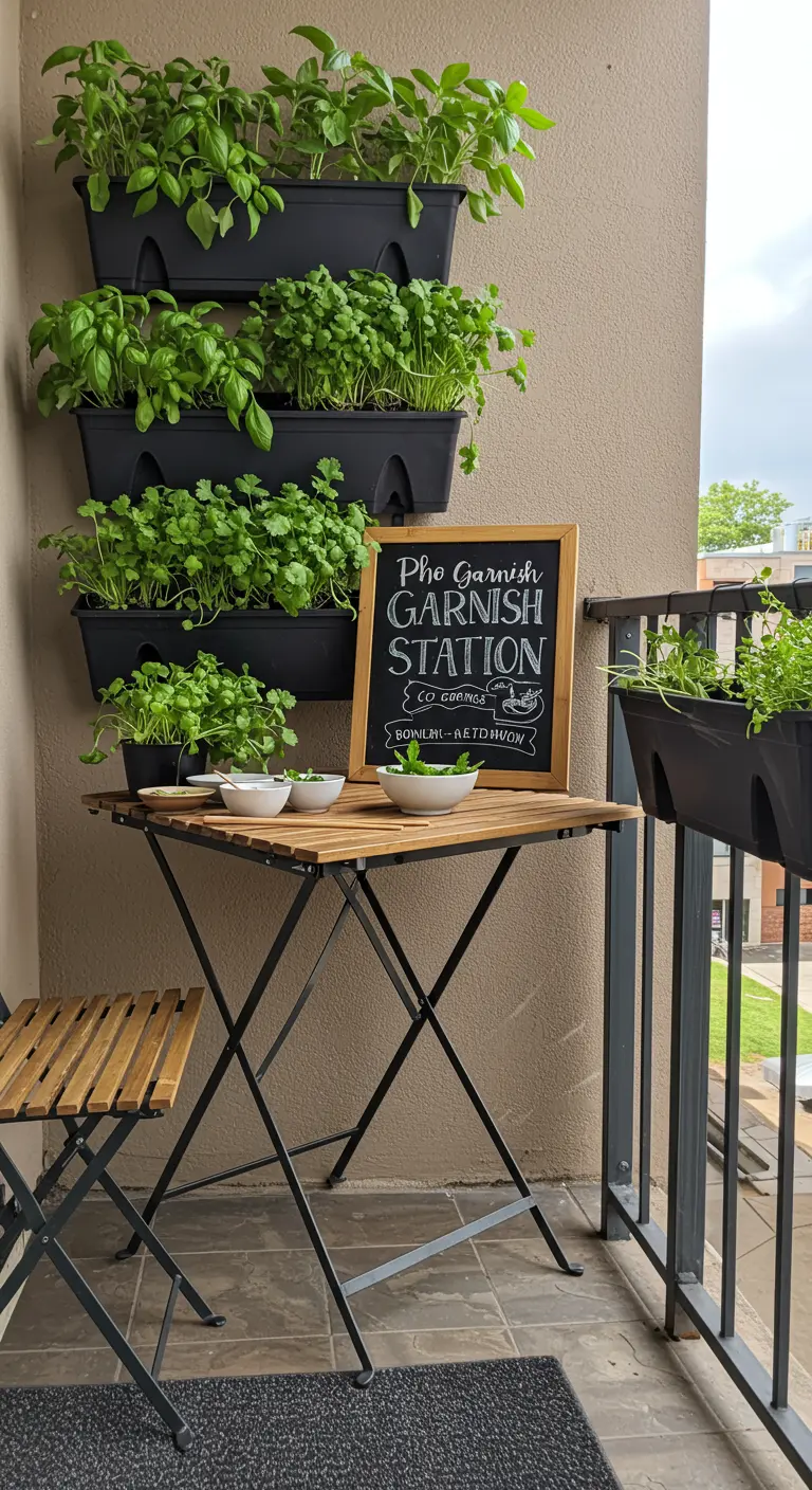 A balcony with a vertical planter growing cilantro and basil for a pho garnish station.