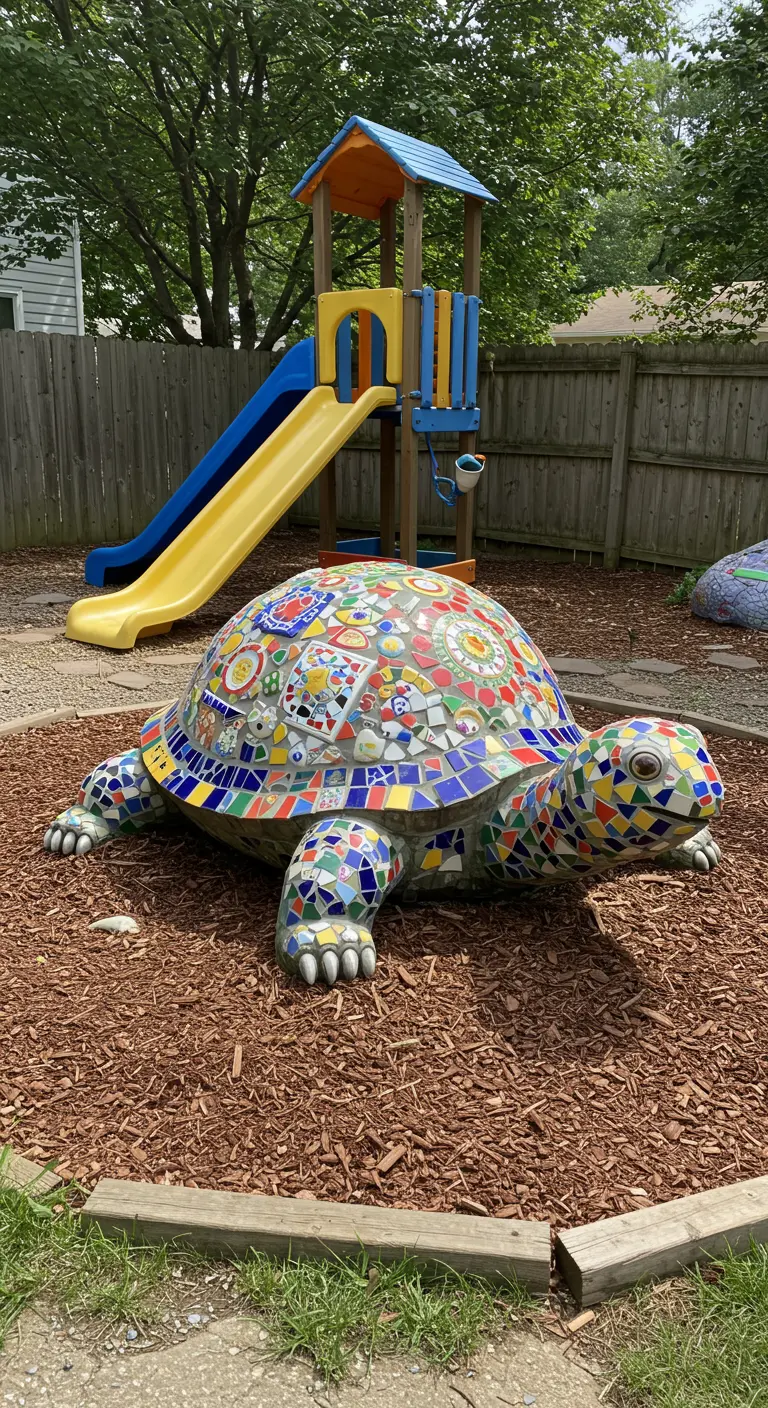 A large, colorful mosaic turtle sculpture sits in a children's playground area.