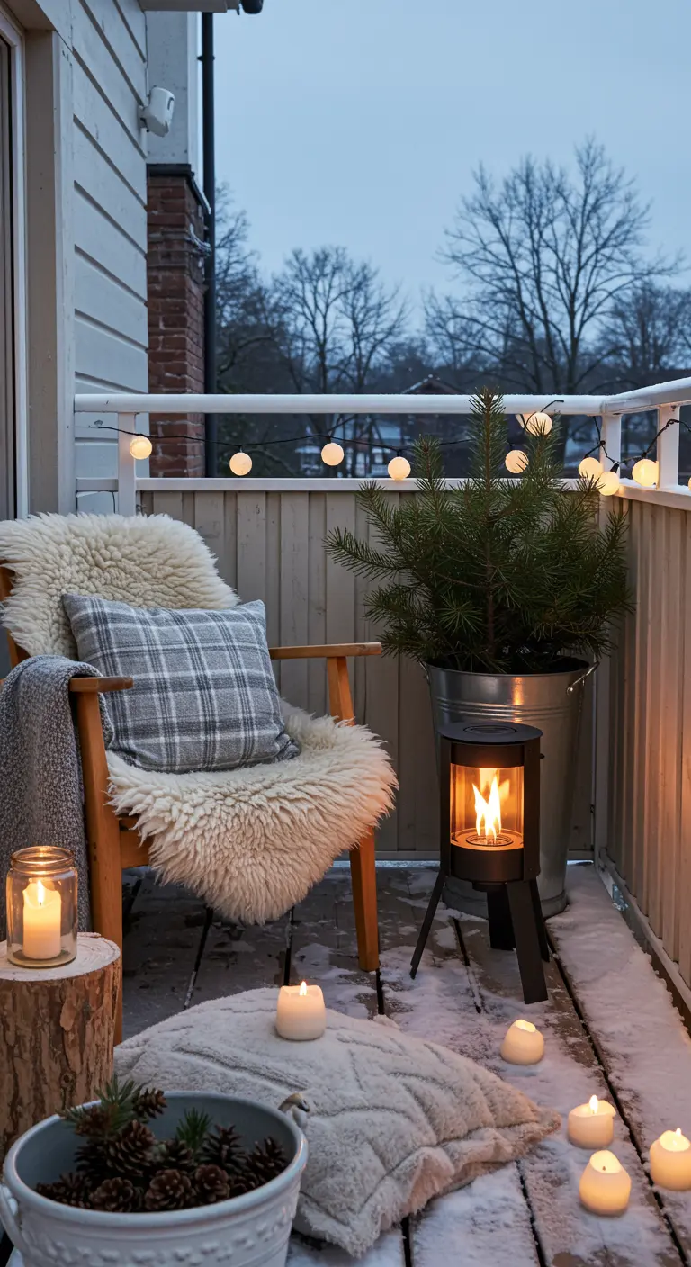 Snowy balcony with a cozy chair, sheepskin throw, mini stove, and a small pine tree.